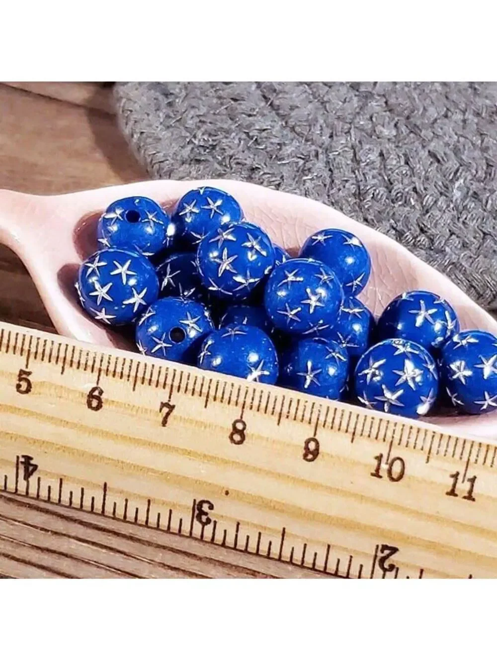 10 Vintage Retro Cobalt Blue Silver Stars 12mm Round Acrylic Shabby Beads